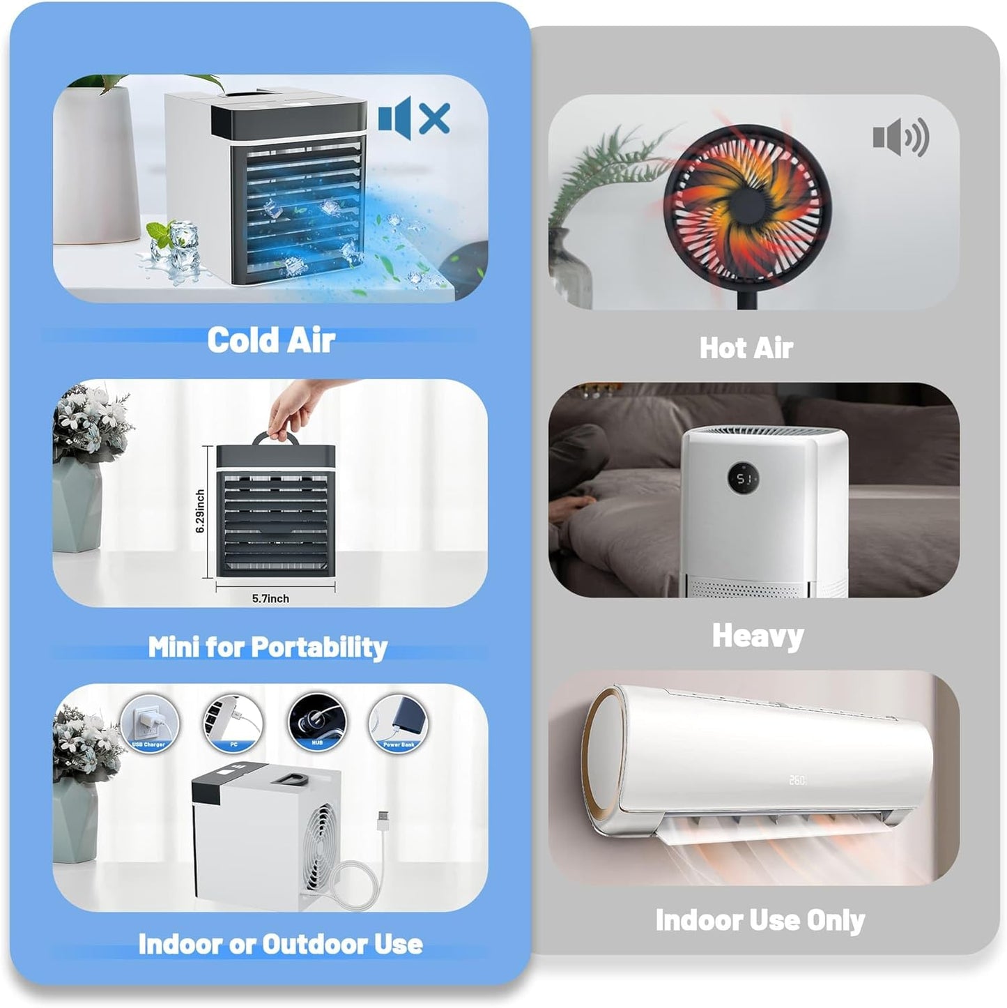 Portable Air Conditioner, Mini Personal Ice Cooling Air Cooler with 2 Ice Blocks,3 Speeds Small Fan for Room Bedroom Office Home Tent