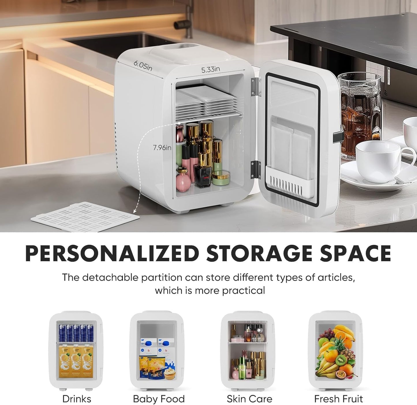 Sweetcrispy Mini Fridge, Portable Small Refrigerator 4L/6 Can Cooler & Warmer Compact Fridges for SkinCare, Food and Drinks, Bedroom, Dorm, Car, Office, White