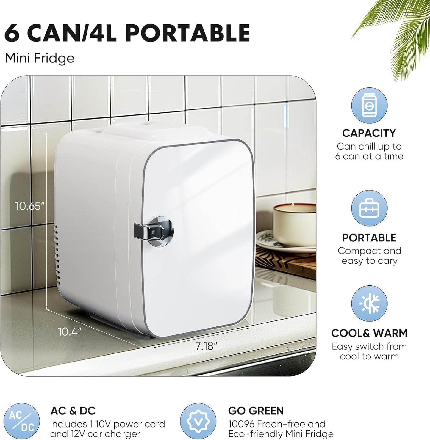 Sweetcrispy Mini Fridge, Portable Small Refrigerator 4L/6 Can Cooler & Warmer Compact Fridges for SkinCare, Food and Drinks, Bedroom, Dorm, Car, Office, White