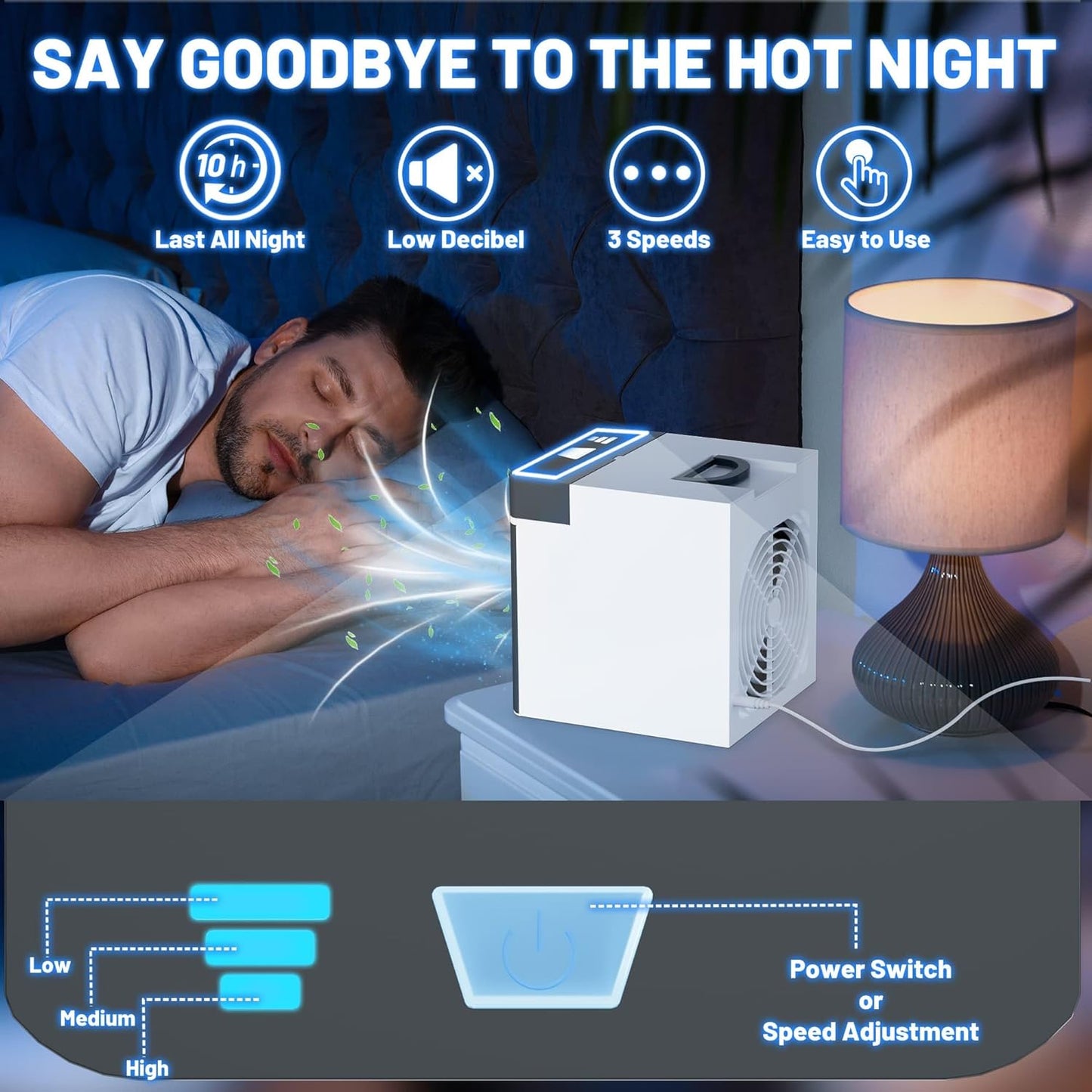 Portable Air Conditioner, Mini Personal Ice Cooling Air Cooler with 2 Ice Blocks,3 Speeds Small Fan for Room Bedroom Office Home Tent