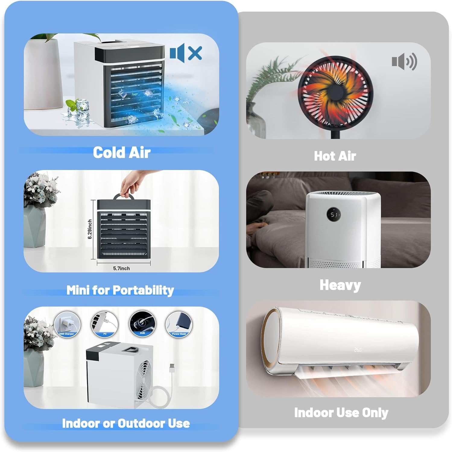Portable Air Conditioner, Mini Personal Ice Cooling Air Cooler with 2 Ice Blocks,3 Speeds Small Fan for Room Bedroom Office Home Tent