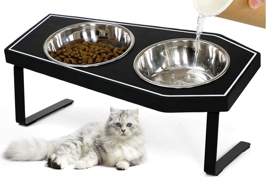 Cat Food Bowls Elevated Gothic Cat Bowls Raised Cat Bowls for Indoor Cats with Non-Slip Stand & Wood Board Stainless Steel and Whisker Friendly Food Bowls